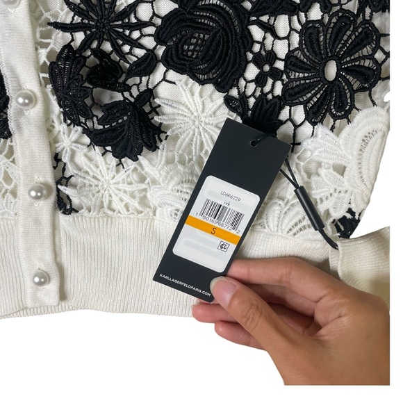 Karl Lagerfeld Paris Cardigan Sweater Women White Lace Floral embroidered S NWT - Picture 7 of 13